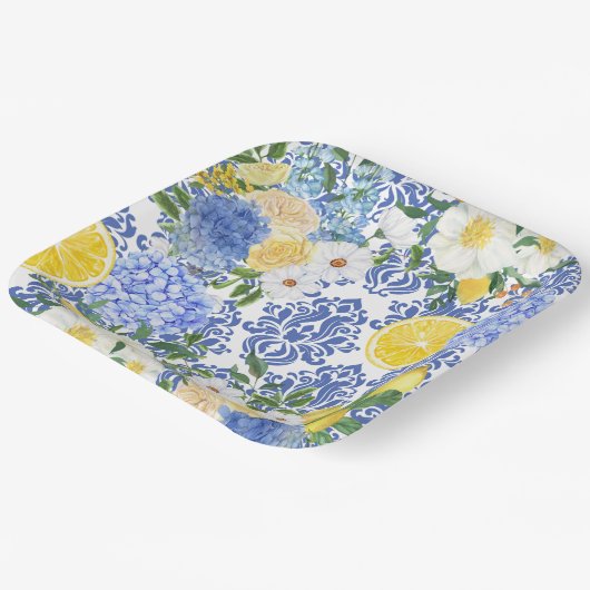 Lemon Mediterrane Tile Blau und Gelb Pappteller (Gewinkelt)