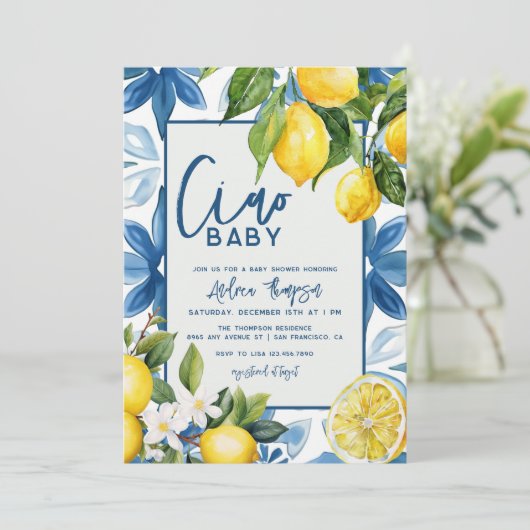 Lemon Mediterranean Blue Tile Baby Dusche Einladung (Stehend Vorderseite)