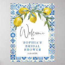 Lemon Mediterranean Blue Tile Brautparty Poster