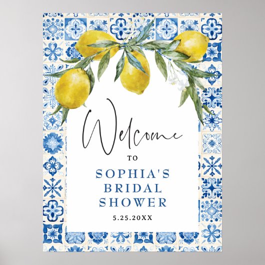 Lemon Mediterranean Blue Tile Brautparty Poster (Vorne)