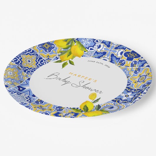 Lemon Mediterranean Boho Arch Baby Dusche Pappteller (Schrägansicht)