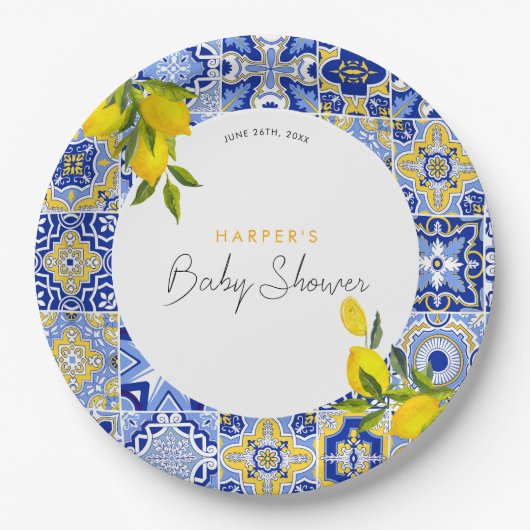 Lemon Mediterranean Boho Arch Baby Dusche Pappteller (Vorderseite)