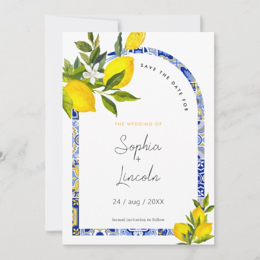 Lemon Mediterranean Boho Arch Save the Date Card Einladung (Vorderseite)
