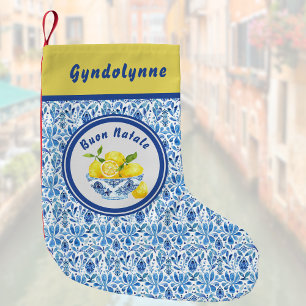 Lemon Mediterranean Buon Natale Azulejo Blue Toile Kleiner Weihnachtsstrumpf