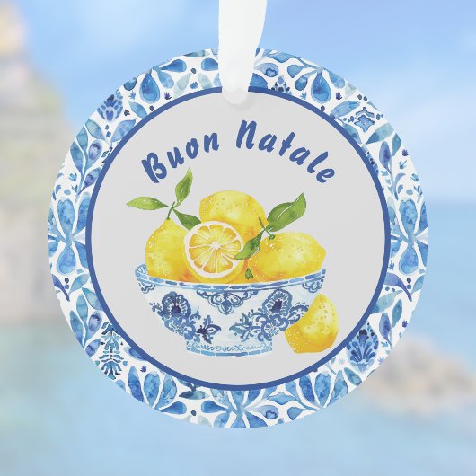 Lemon Mediterranean Buon Natale Azulejo Blue Toile Ornament