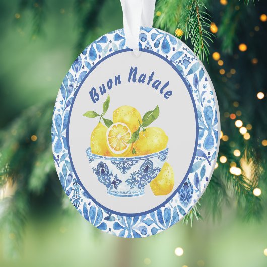 Lemon Mediterranean Buon Natale Azulejo Blue Toile Ornament