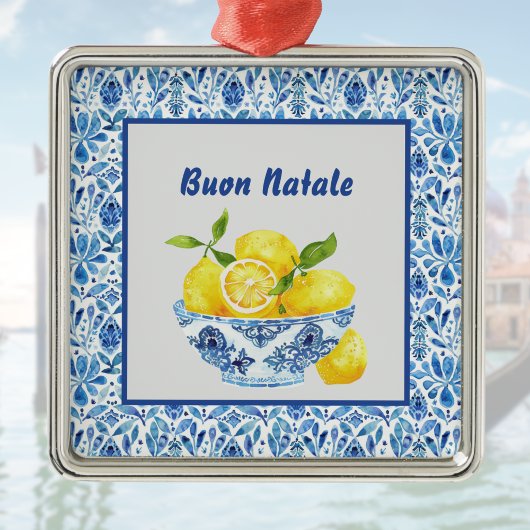 Lemon Mediterranean Buon Natale Azulejo Blue Toile Ornament Aus Metall