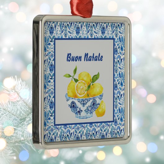 Lemon Mediterranean Buon Natale Azulejo Blue Toile Ornament Aus Metall