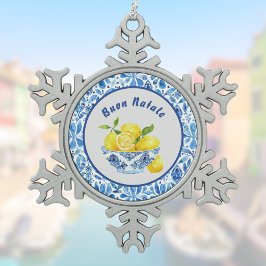 Lemon Mediterranean Buon Natale Azulejo Blue Toile Schneeflocken Zinn-Ornament