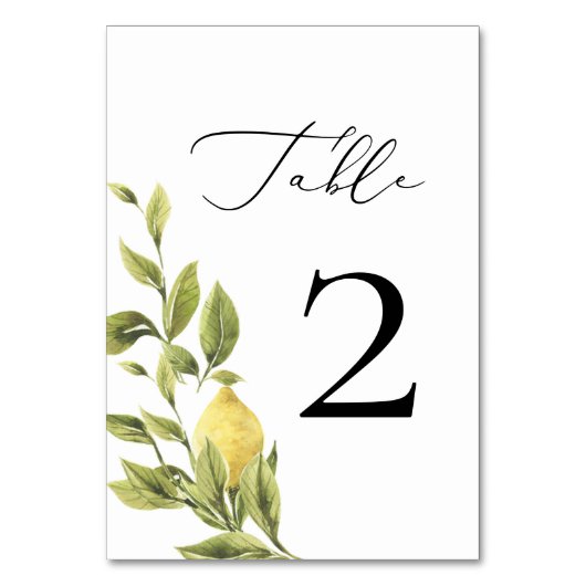 Lemon Mediterranean Calligraphy Wedding 2 Tischnummer (Vorderseite)