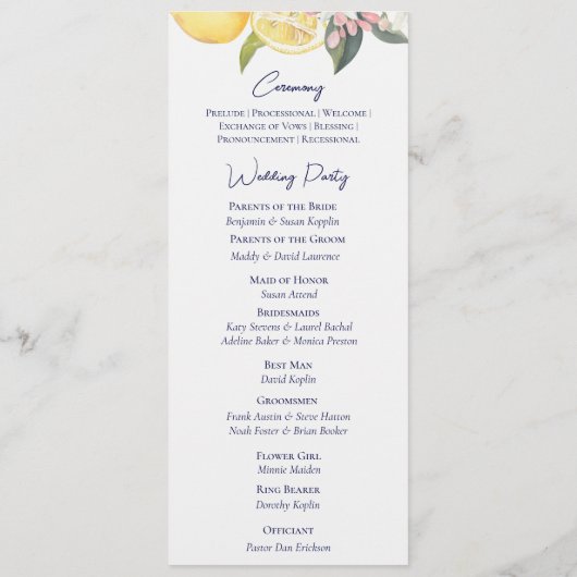 Lemon Mediterranean Ceremony Wedding Programm (Rückseite)