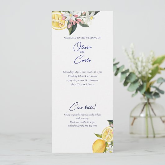 Lemon Mediterranean Ceremony Wedding Programm (Stehend Vorderseite)