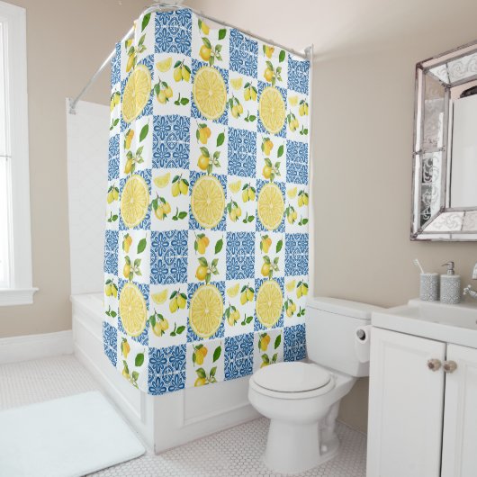 Lemon Mediterranean French Country Tile Pattern Duschvorhang (Beispiel)