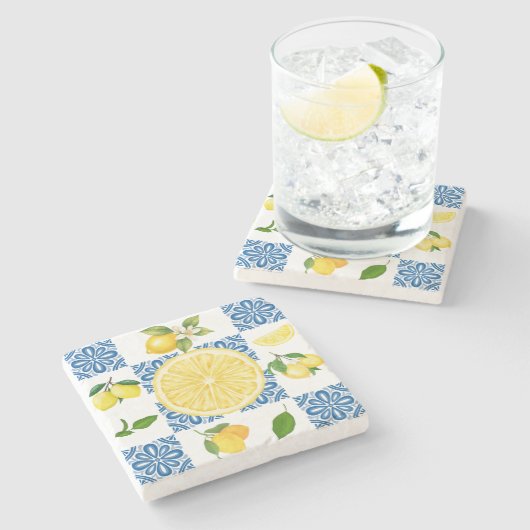 Lemon Mediterranean French Country Tile Pattern Steinuntersetzer (Seitenansicht)