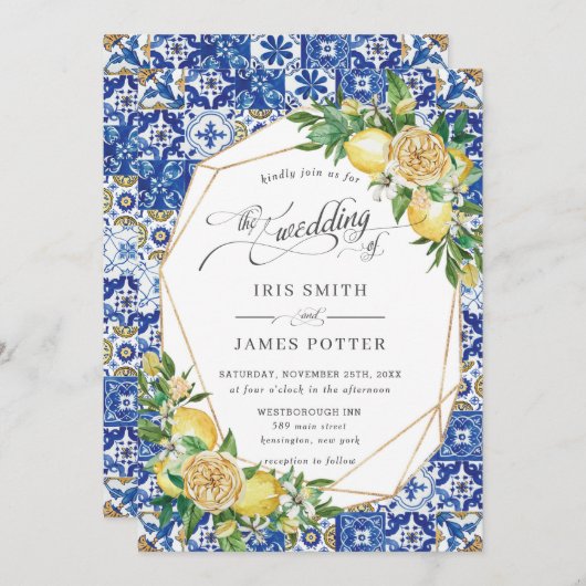 Lemon Mediterranean Greenery Geometric Wedding Einladung (Vorne/Hinten)