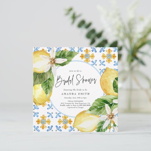 Lemon Mediterranean Italy Blue Tiles Brautparty Einladung (Stehend Vorderseite)