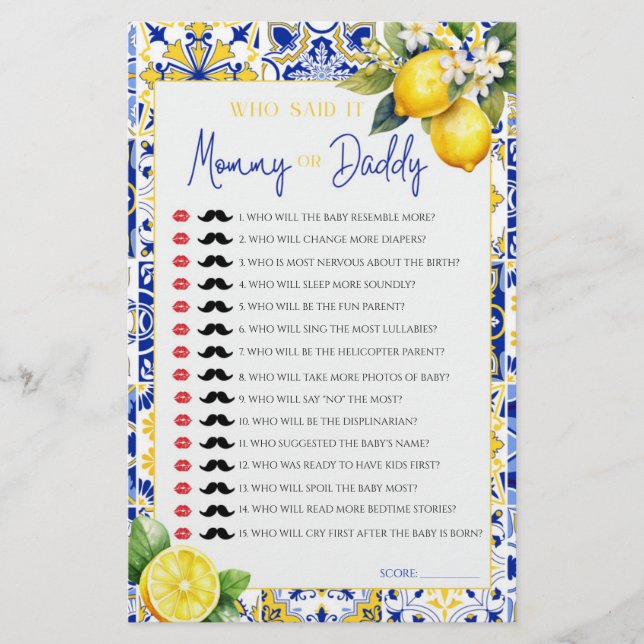 Lemon Mediterranean Mommy Daddy Baby Shower Game (Vorderseite)