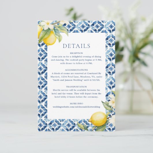 Lemon Mediterranean Wedding Details Enclosure Card Begleitkarte (Stehend Vorderseite)