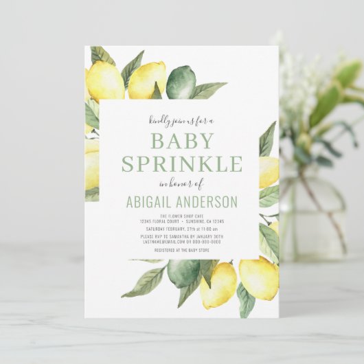 Lemon Modern Citrus Baby Sprinkle Wasserfarbe  Einladung (Stehend Vorderseite)