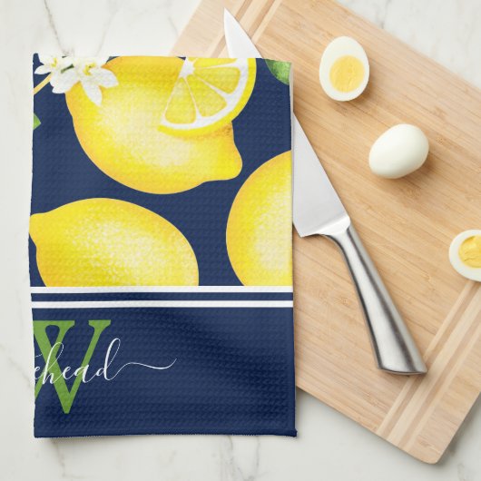 Lemon Monogram Botanic Navy Blue Geschirrtuch (Viertel Falte)