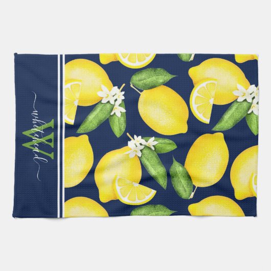 Lemon Monogram Botanic Navy Blue Geschirrtuch (Horizontal)