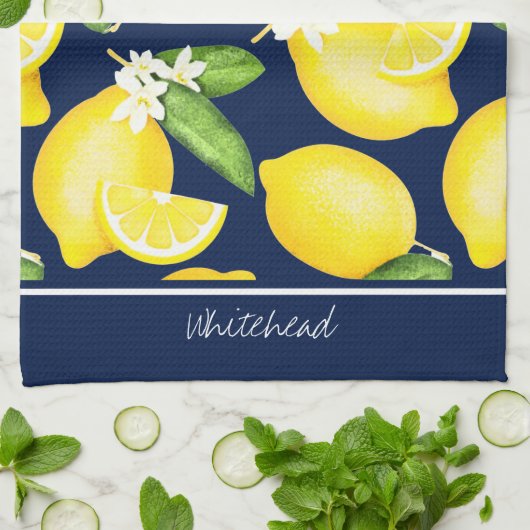 Lemon Monogram Botanic Pattern Navy Blue Geschirrtuch (Gefaltet)