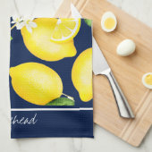 Lemon Monogram Botanic Pattern Navy Blue Geschirrtuch (Viertel Falte)