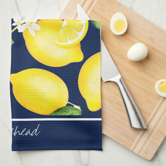 Lemon Monogram Botanic Pattern Navy Blue Geschirrtuch (Viertel Falte)