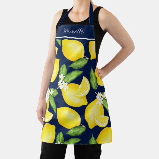 Lemon Monogram Botanic Pattern Navy Blue Schürze (InSitu)