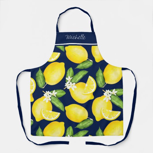 Lemon Monogram Botanic Pattern Navy Blue Schürze (Vorderseite)