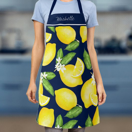 Lemon Monogram Botanic Pattern Navy Blue Schürze