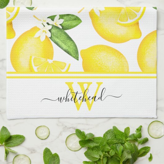 Lemon Monogram Botanisch White Geschirrtuch (Gefaltet)