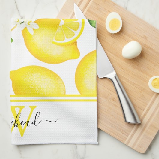 Lemon Monogram Botanisch White Geschirrtuch (Viertel Falte)