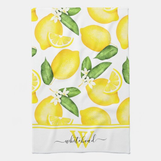 Lemon Monogram Botanisch White Geschirrtuch (Vertikal)