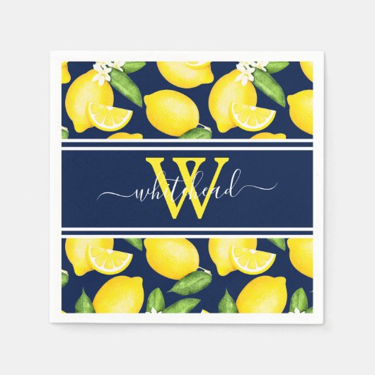 Lemon Monogram Citrus Pattern Navy Blue Serviette (Vorderseite)