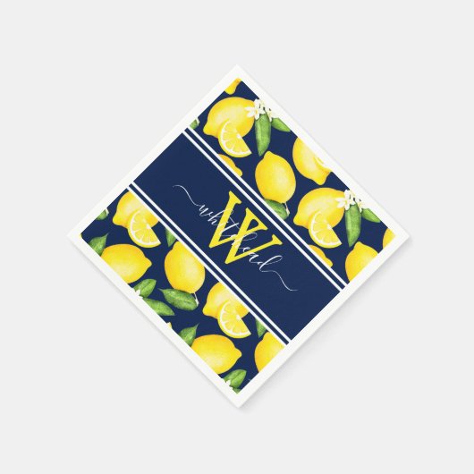 Lemon Monogram Citrus Pattern Navy Blue Serviette (Ecke)