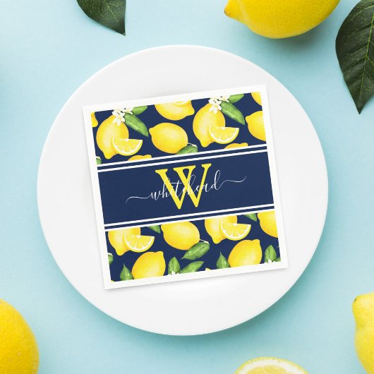 Lemon Monogram Citrus Pattern Navy Blue Serviette