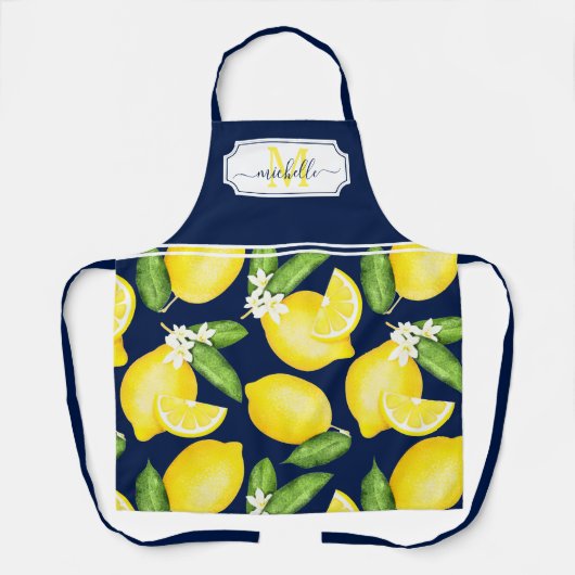 Lemon Monogram Initial Citrus Navy Blue Schürze (Vorderseite)