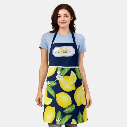 Lemon Monogram Initial Citrus Navy Blue Schürze (Getragen)