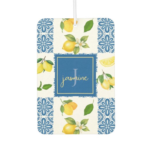 Lemon Monogram Name French Country Tile Pattern Autolufterfrischer (Vorderseite)