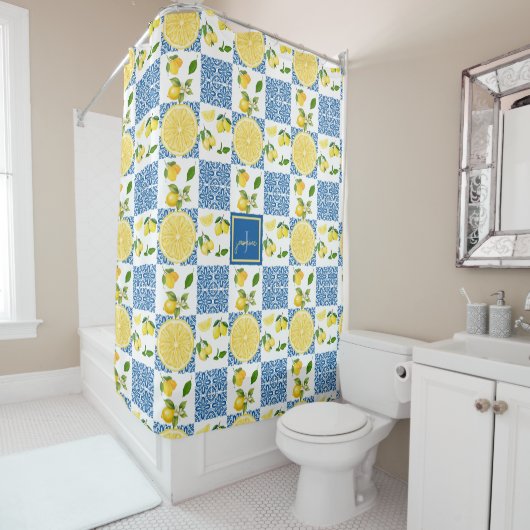 Lemon Monogram Name French Country Tile Pattern Duschvorhang (Beispiel)