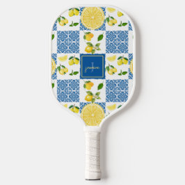 Lemon Monogram Name French Country Tile Pattern Pickleball Schläger