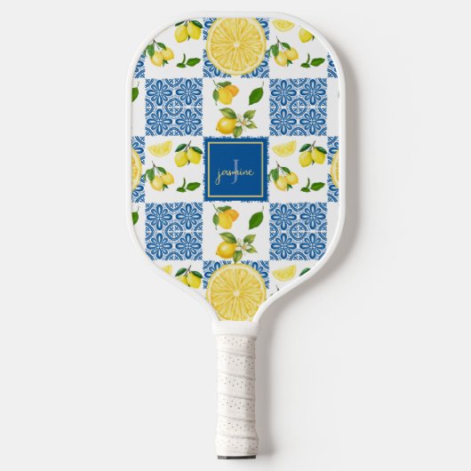 Lemon Monogram Name French Country Tile Pattern Pickleball Schläger (Vorderseite)