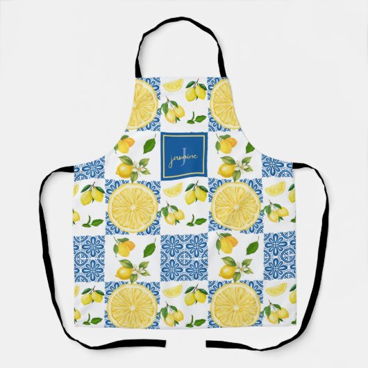 Lemon Monogram Name French Country Tile Pattern Schürze (Vorderseite)