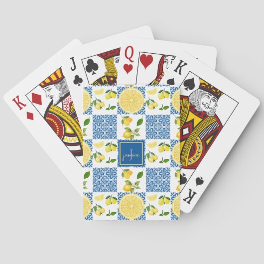 Lemon Monogram Name French Country Tile Pattern Spielkarten (Rückseite)