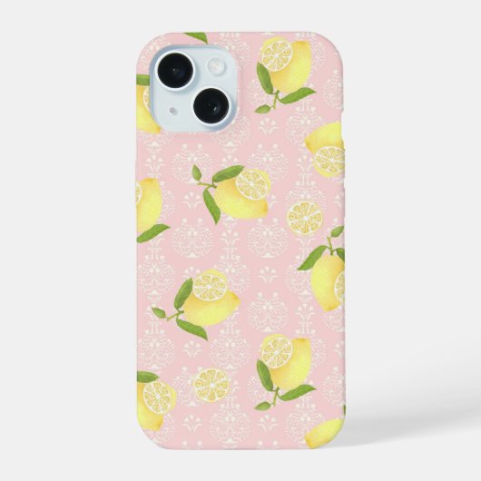 Lemon Motif Pink iPhone 15 Hülle (Rückseite)