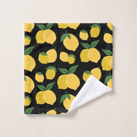 Lemon Muster Retro Frucht gelb auf schwarz Badhandtuch Set (Waschlappen)