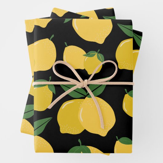 Lemon Muster Retro Frucht gelb auf schwarz Geschenkpapier Set (Beispiel)