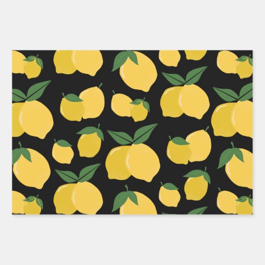 Lemon Muster Retro Frucht gelb auf schwarz Geschenkpapier Set (Vorderseite)