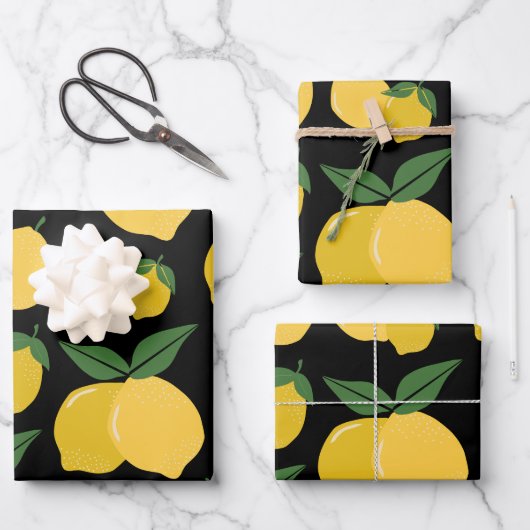 Lemon Muster Retro Frucht gelb auf schwarz Geschenkpapier Set (Vorderseite)